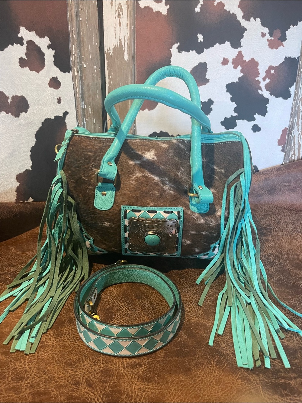 Turquoise Fringe Cowhide Satchel Bag